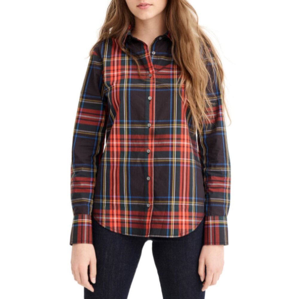 J.CREW Plaid Button-Up Shirt in Black Red Green Cotton | Size 6P